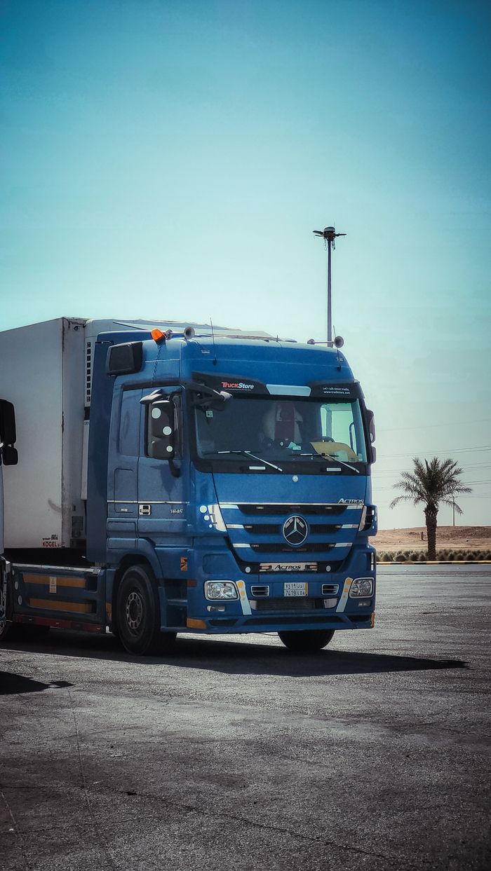 our-experience A blue freight truck parked on a sunny desert highway with a palm tree backdrop.